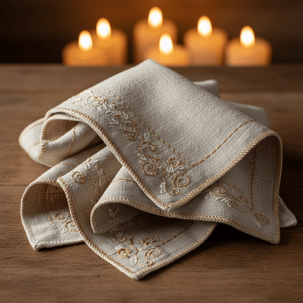 Folded hand-sewn tea towels with decorative stitching
