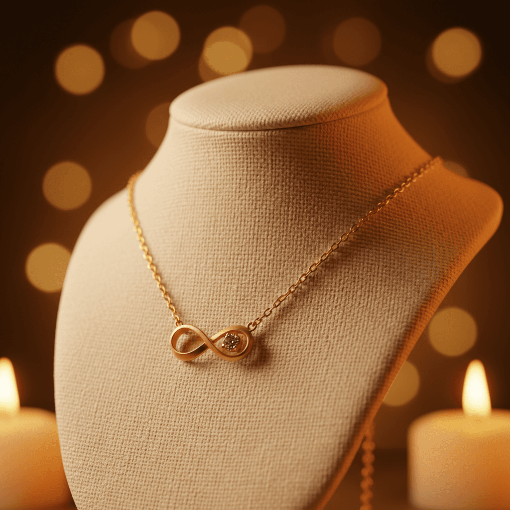 Custom necklace displayed on stand with warm backlighting