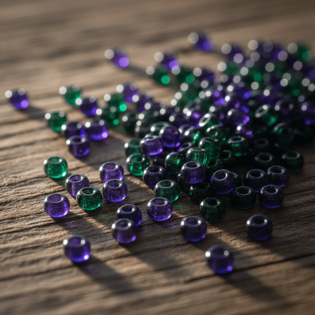 Close-up of assorted glass seed beads in jewel tones on wooden surface