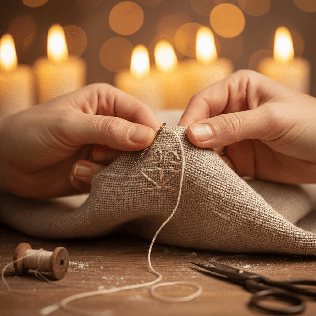 Precision hand-stitching detail on kitchen items
