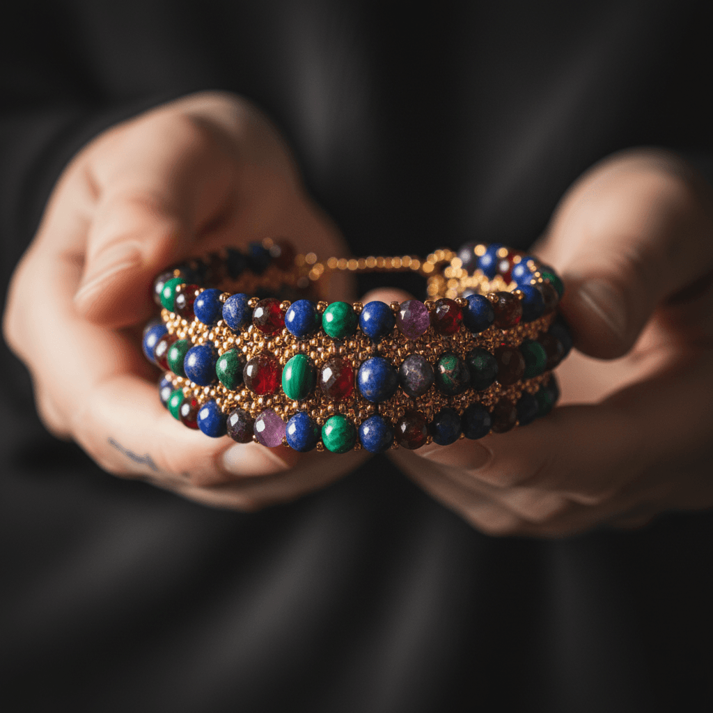 Detailed close-up of handmade beaded bracelet
