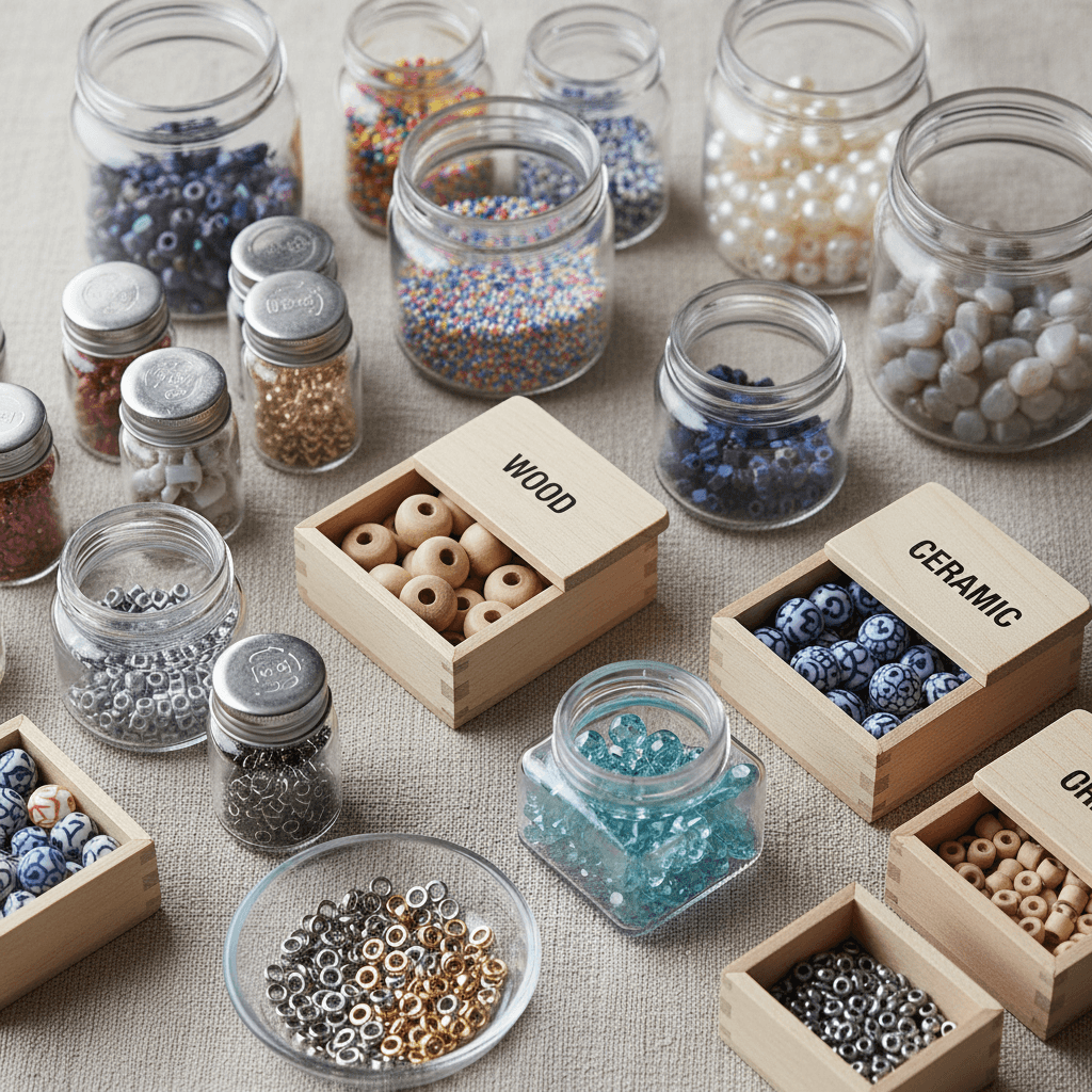 Organized bead collection in glass containers and wooden boxes