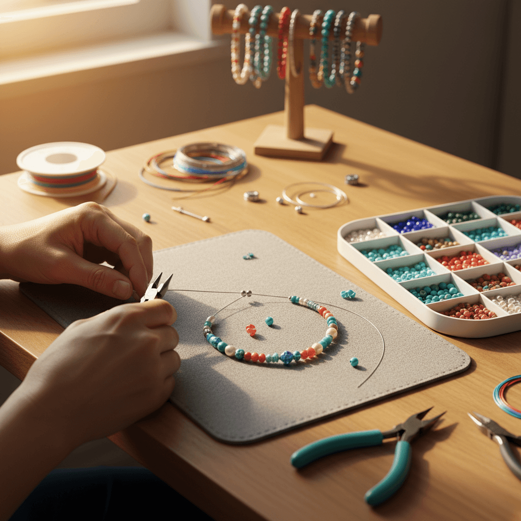 Jewelry maker's workspace with beads, tools, and work in progress
