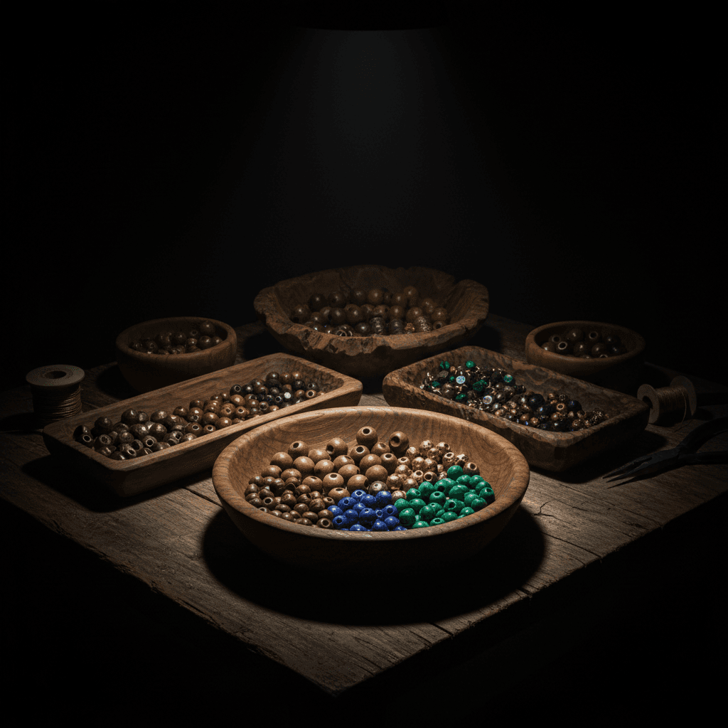 Curated bead collections in wooden bowls