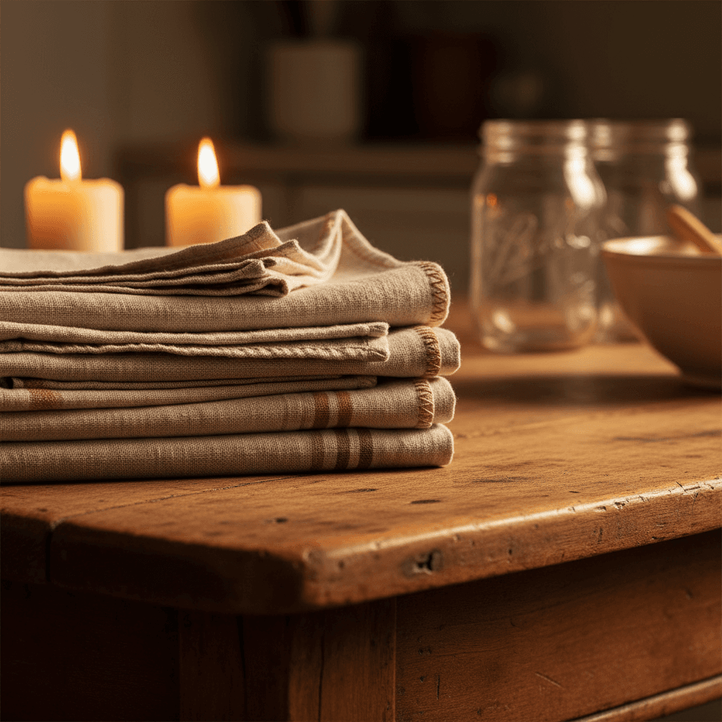 Folded hand-sewn tea towels with detailed stitching