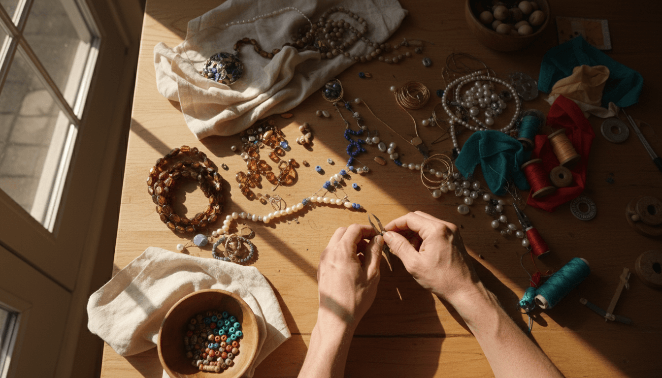 Handmade jewelry, beads, and craft supplies arranged on a wooden workspace with soft natural lighting