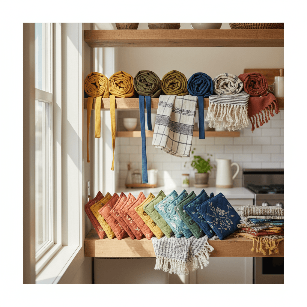 Display of finished hand-sewn kitchen items on shelving