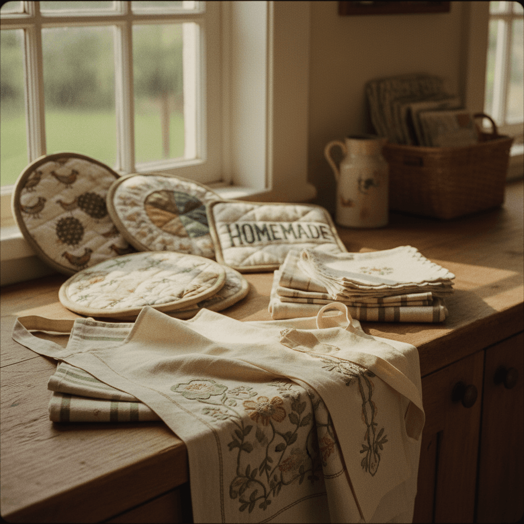 Assortment of hand-sewn kitchen linens on rustic counter