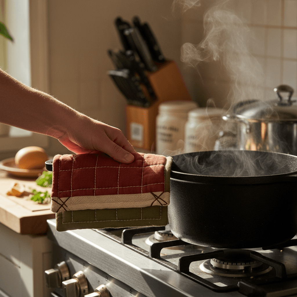 Hand-sewn insulated pot holder in use