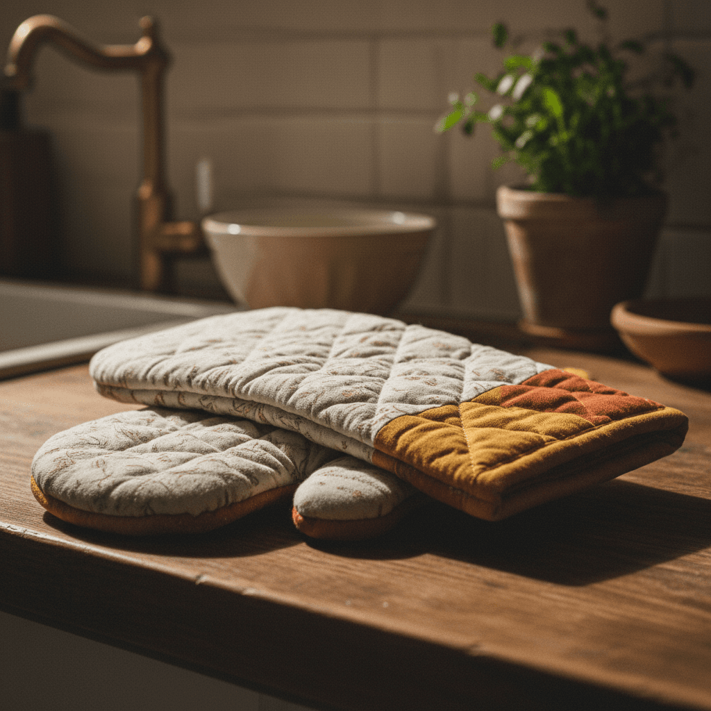 Quilted hand-sewn oven mitts showing protective padding