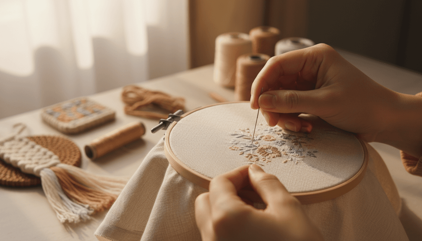 Close-up of hands carefully stitching fabric with needle and thread in natural morning light