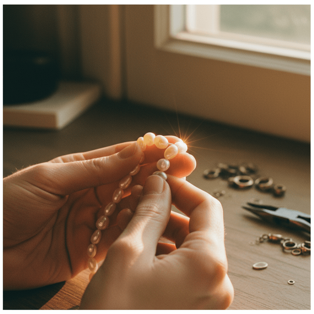 Jewelry maker's hands displaying a strand of freshwater pearls