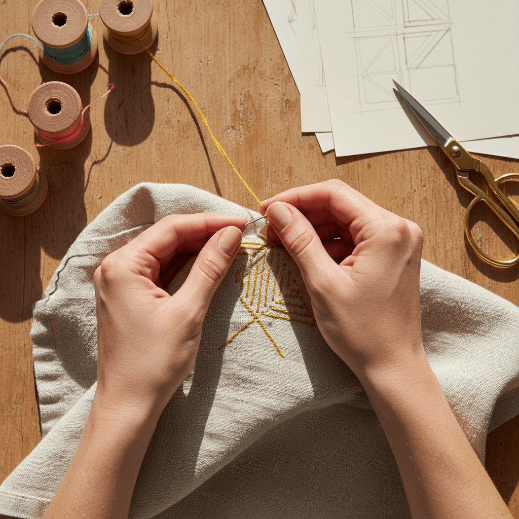 Hands actively hand-stitching a kitchen textile