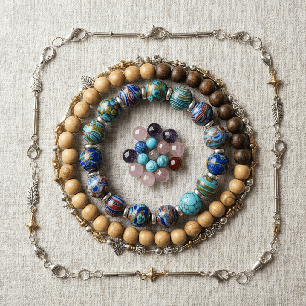 Curated flat lay of various bead types and jewelry findings