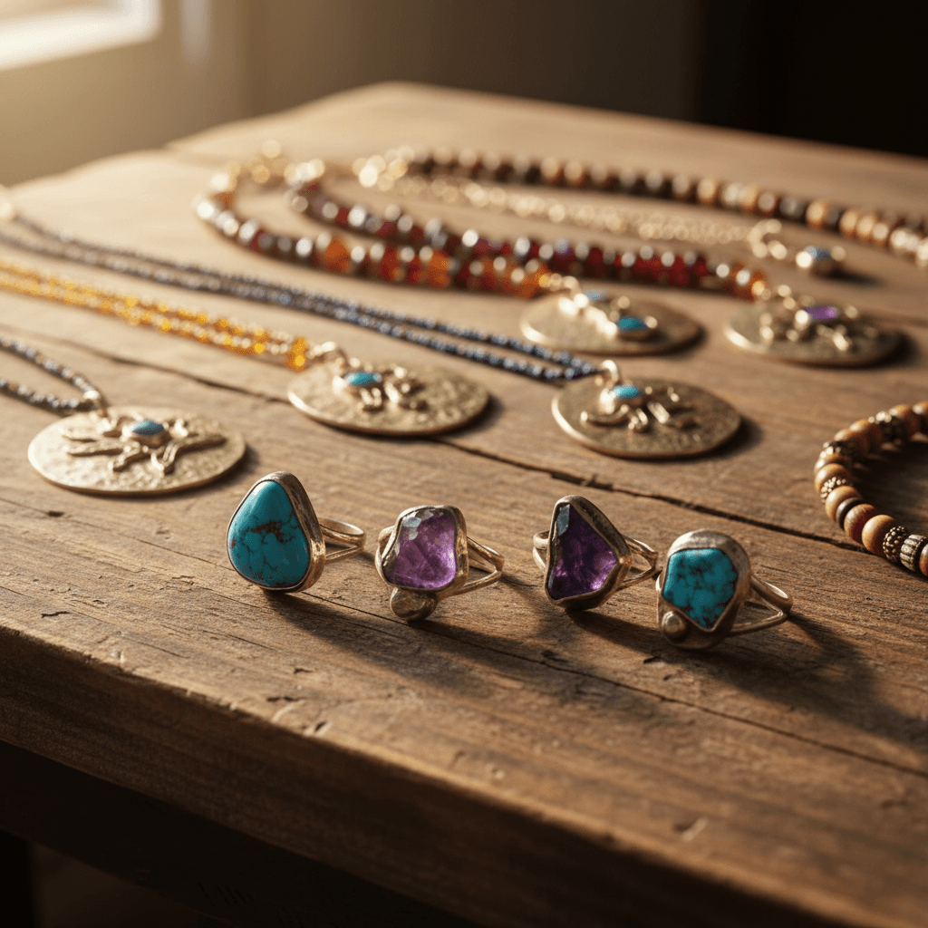 Collection of finished handmade jewelry pieces on wooden surface