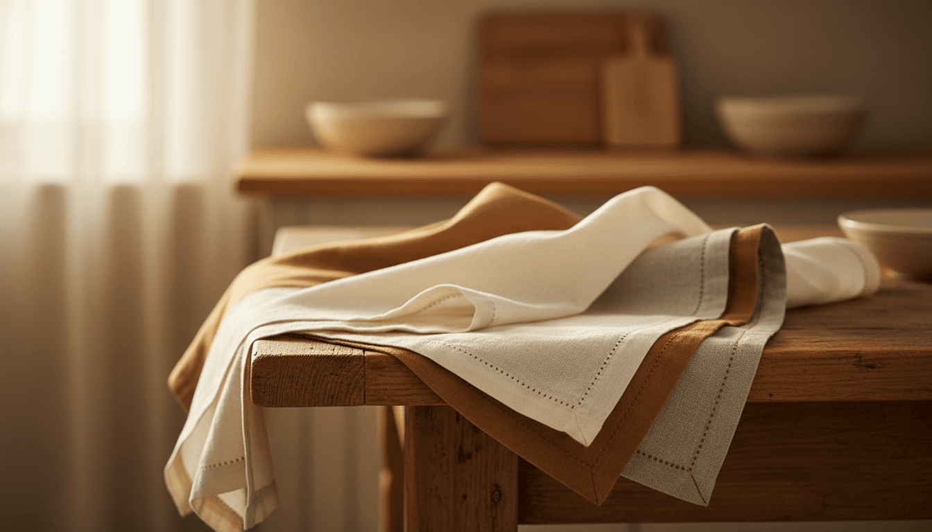 Hand-sewn kitchen linens with visible stitching detail on wooden table in natural light