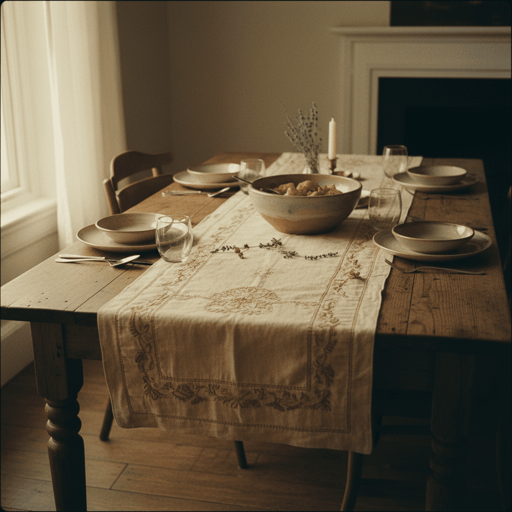 Hand-sewn table runner displayed on a dining table