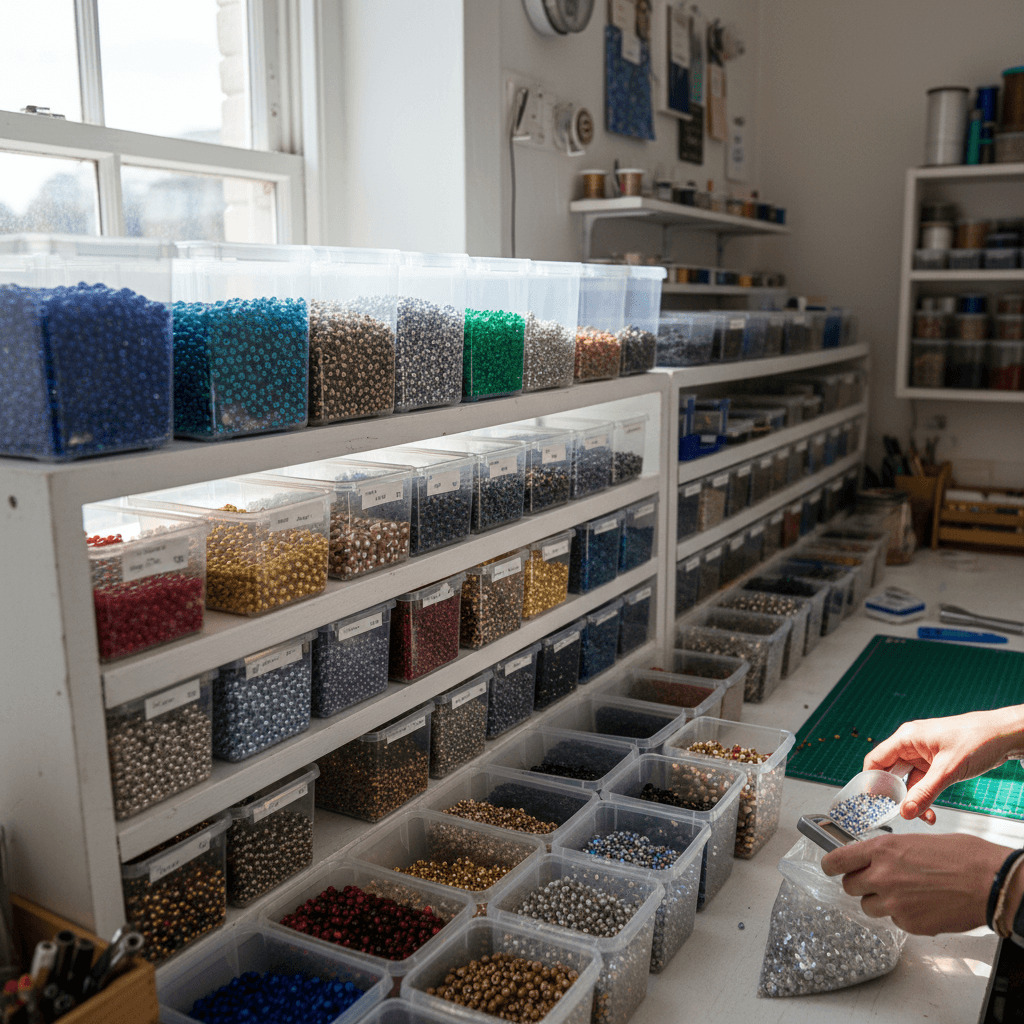 Bulk bead inventory organized in clear containers on shelving
