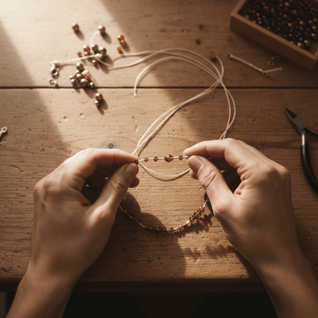 Handmade beaded necklace being crafted on wooden workbench