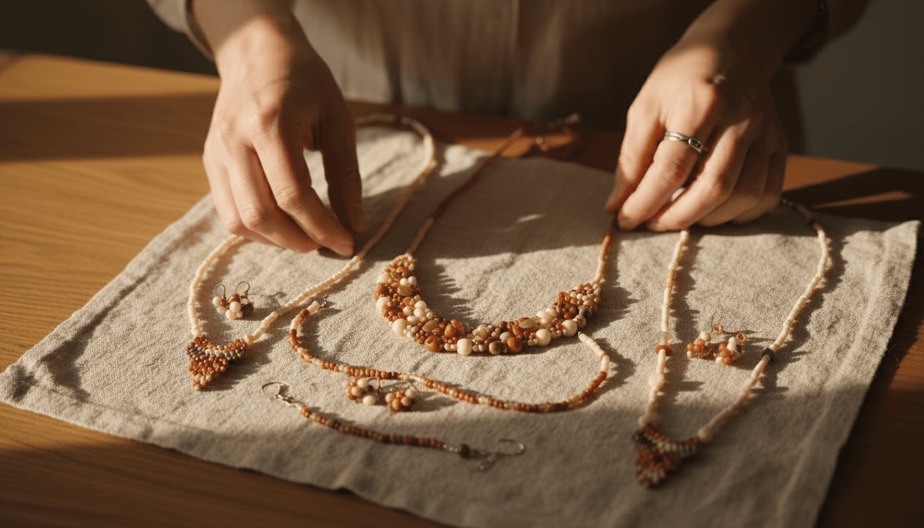 Handmade beaded jewelry pieces arranged on a natural linen surface with soft morning light