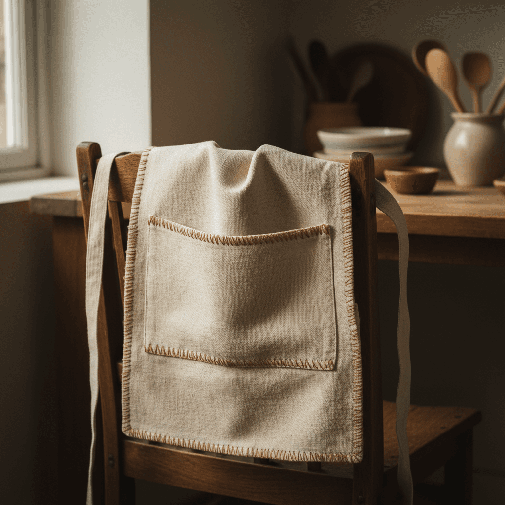 Hand-sewn kitchen apron with reinforced seams
