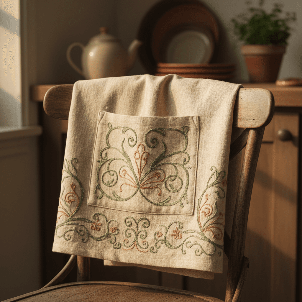 Hand-stitched kitchen apron with embroidered details