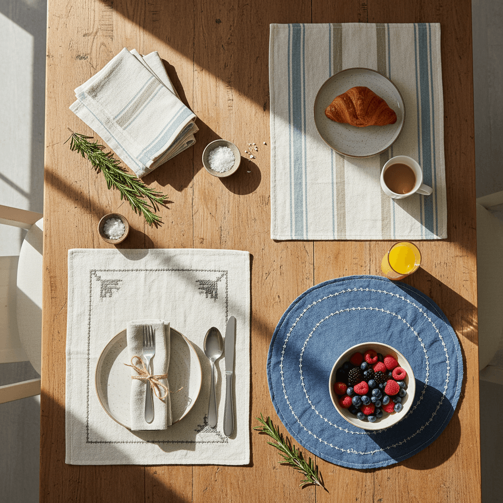 Hand-sewn placemats arranged on a dining table