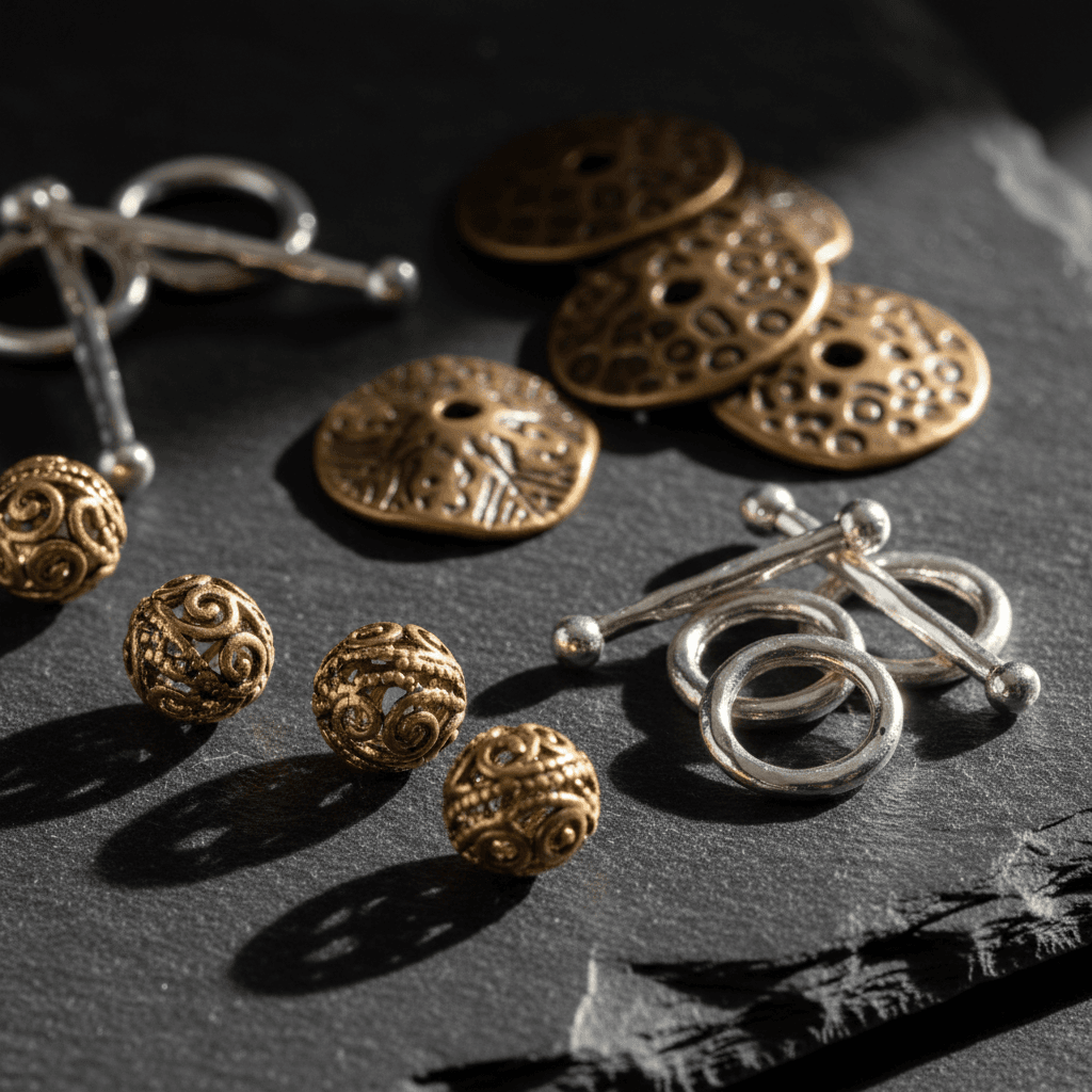 Detailed view of metal bead findings and clasps in gold and silver finishes