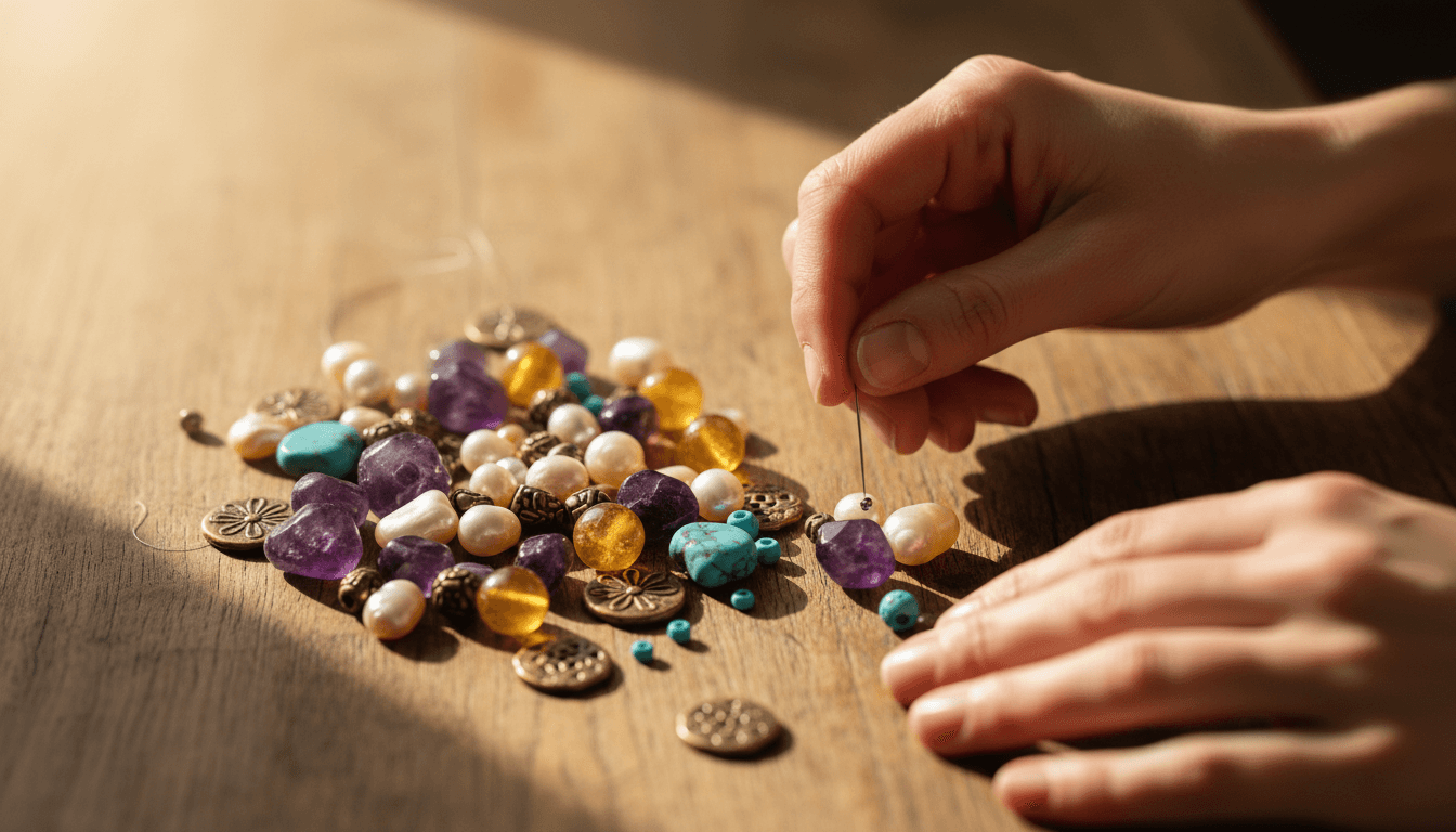 Colorful gemstone and pearl beads arranged on a wooden work surface with jewelry-making tools