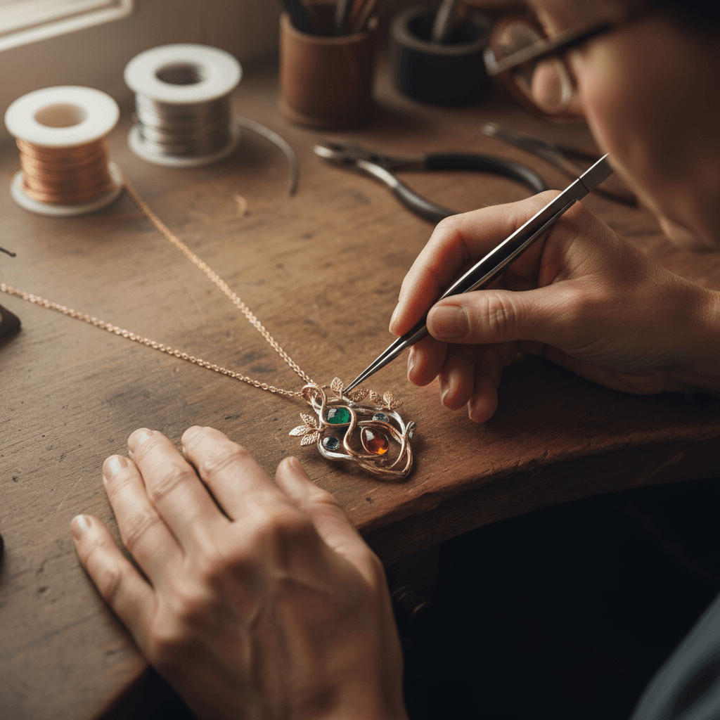 Handmade custom necklace being crafted