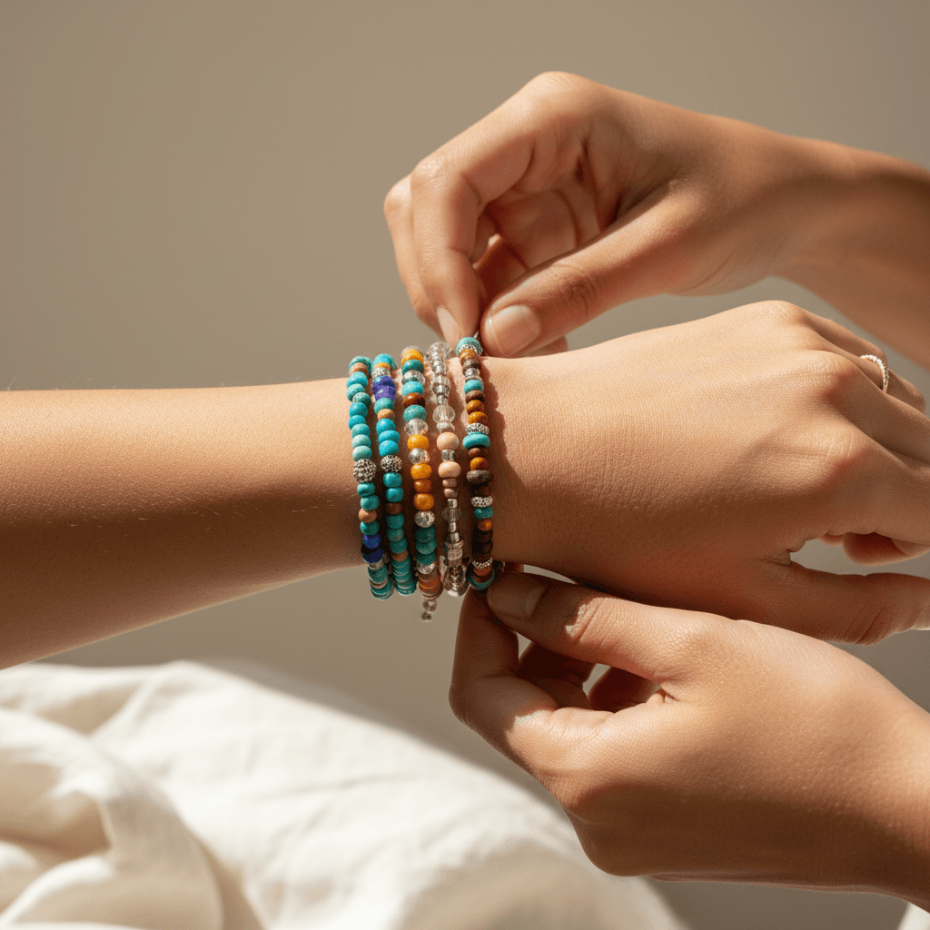 Handmade beaded bracelets on display