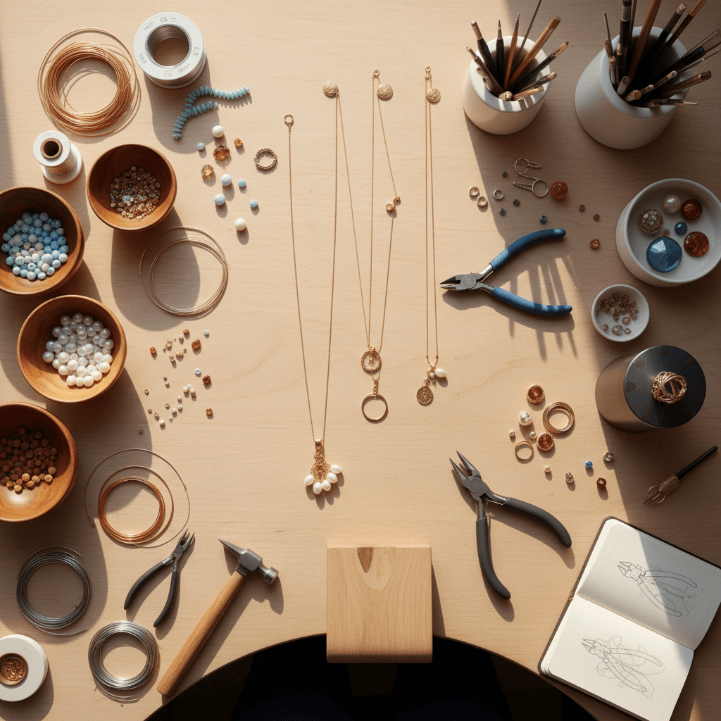 Jewelry maker's workspace with beads, wire, and crafting materials