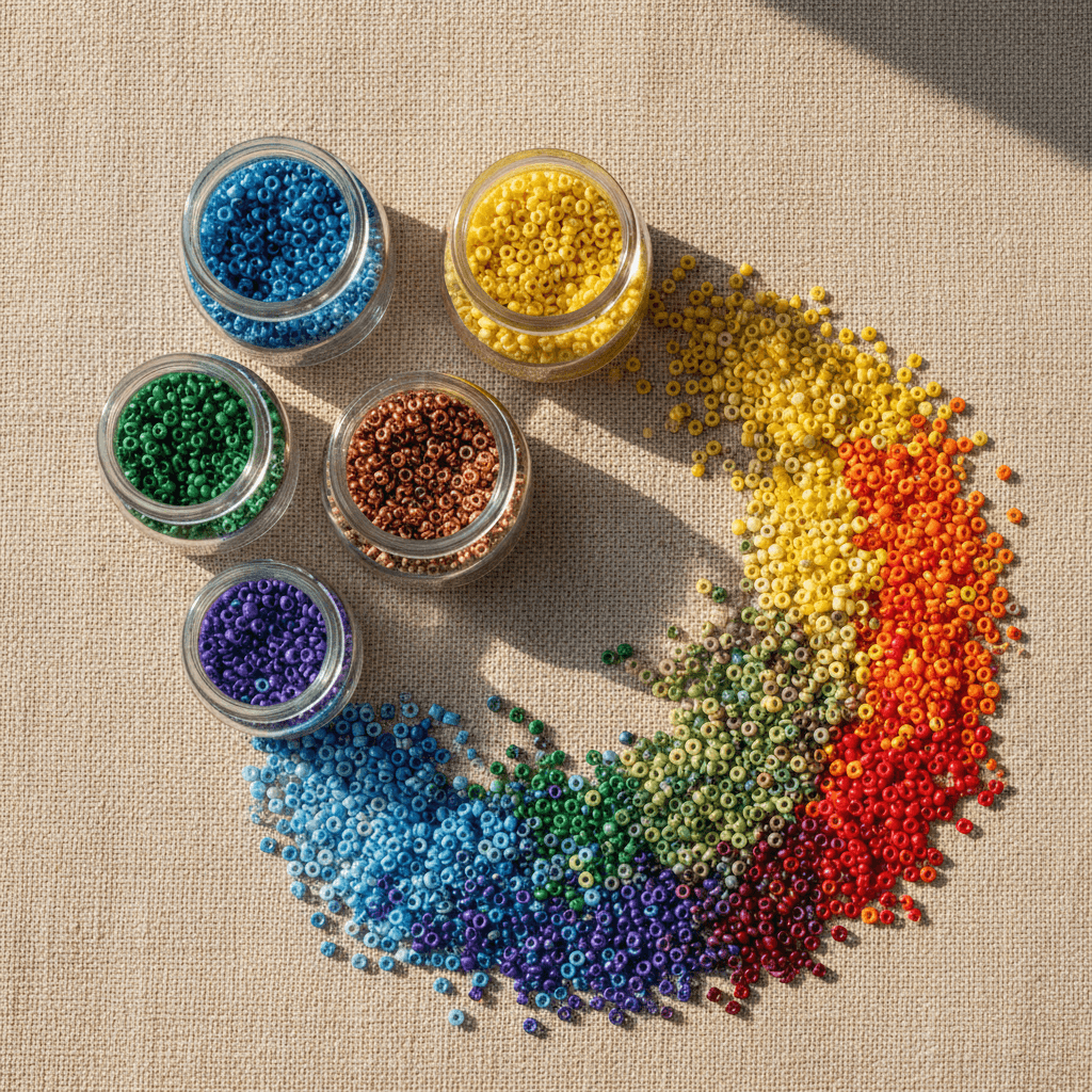 Organized seed beads in various colors